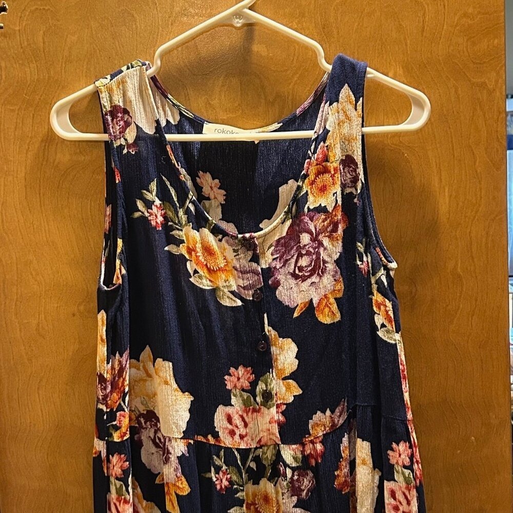 Rokoko Blue Floral Print Sleeveless Maxi Dress Button Up Top Size Small T29-7